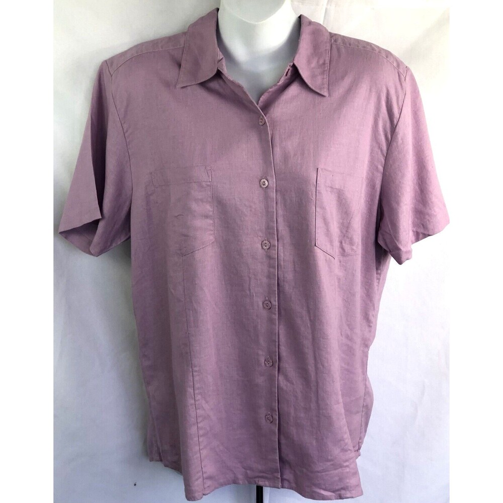 NWT Christopher Banks Linen top L purple button Up shortsleeve Pockets Cottage
